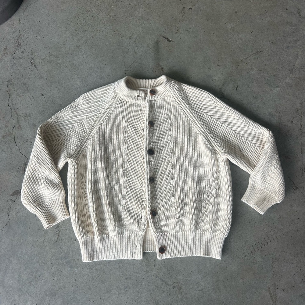 Demylee Women’s Classic Cream Button-Up Chunky Cotton Cardigan 3/4 Sleeve Size S